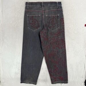 Vintage Black Red Embroidered Baggy Jeans Size 36 Streetwear‎ Wide leg 90s Y2K